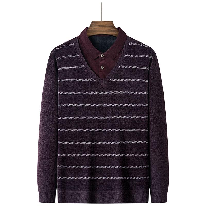 Dad's Winter Warm Chenille Knitwear: Men's Fleece-Lined Two-Piece Sweater with Thick Shirt Collar for Autumn/Winter.