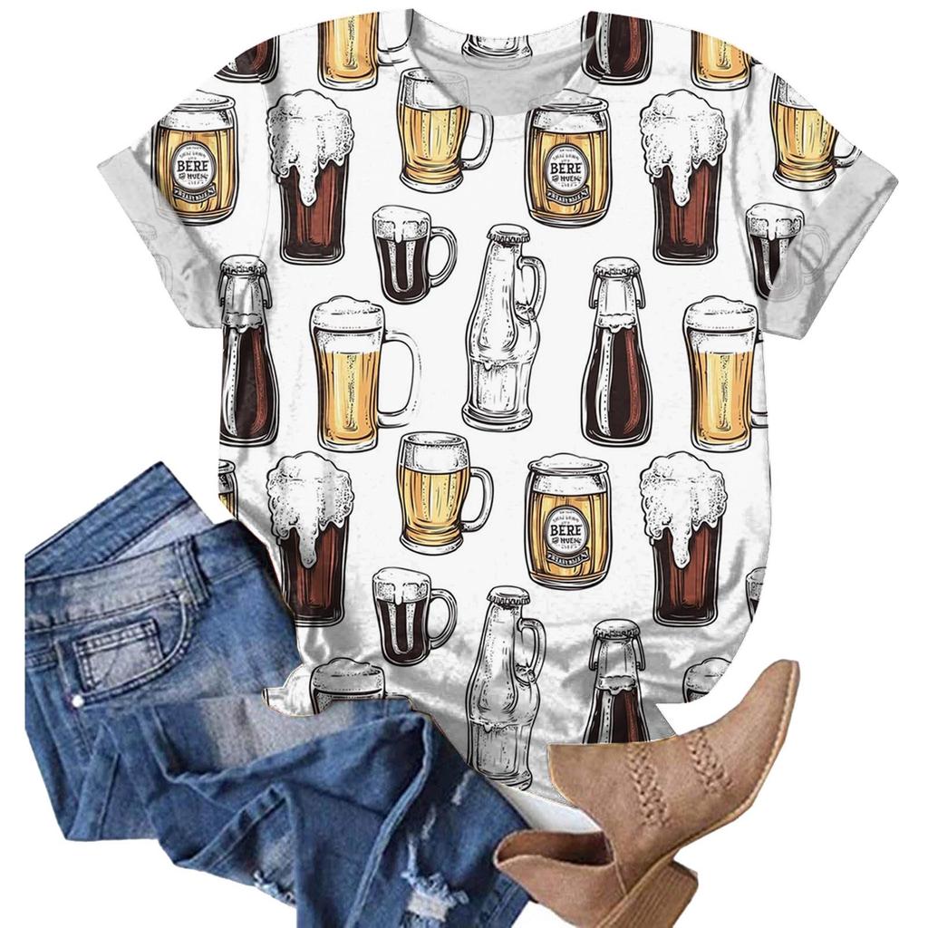 Women's Casual Pullover T Shirt Short Sleeve Round Neck Tee Top Oktoberfest Print Graphic Shirt