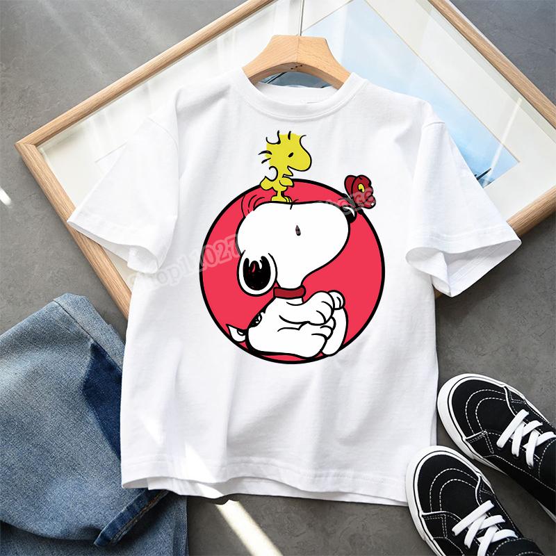 Snoopys Child Short Sleeve Tshirt Boys Girls Summer Casual Round Neck Tops Anime Character Print Pullover Kids Birthday Gifts