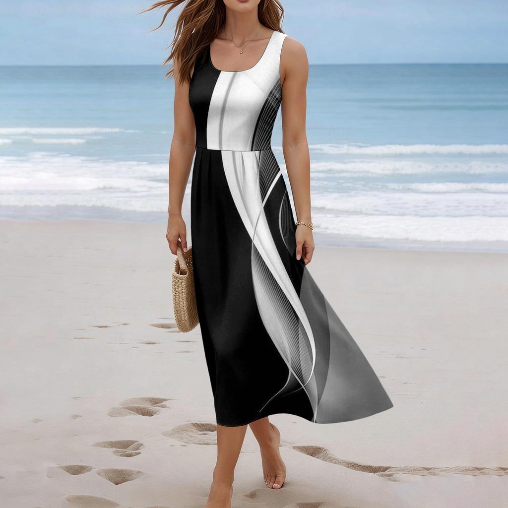 Sommerkleider für Damen UK Ärmellos Rundhalsausschnitt Geometrischer Druck Lässig A-Linie Damen Sommerkleider UK Midi-Kleid Damen Sommerkleider UK