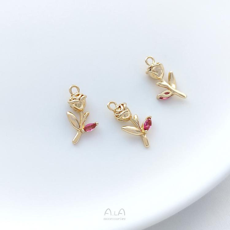 14K Gold-Filled Zircon Rose Pendant: Handmade Branch & Leaf Charm for DIY Jewelry