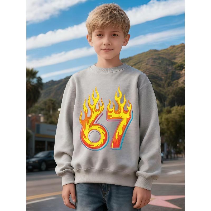Kids Unisex Round Neck Sweatshirt Featuring a Dynamic Flame Design with The Number 67, Stylish And Casual with a Unique Print