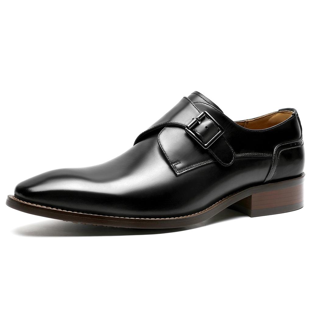 Foxsense Pánské boty z pravé kůže Monk Strap společenské hladké, špička, černé, 24,5 cm, C183-01