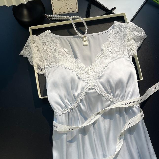 Women’s Summer French Style Ice Silk Short Sleeve Nightgown Long Fairy Dress Lightweight Sleepwear Loungewear Wearable Outdoors