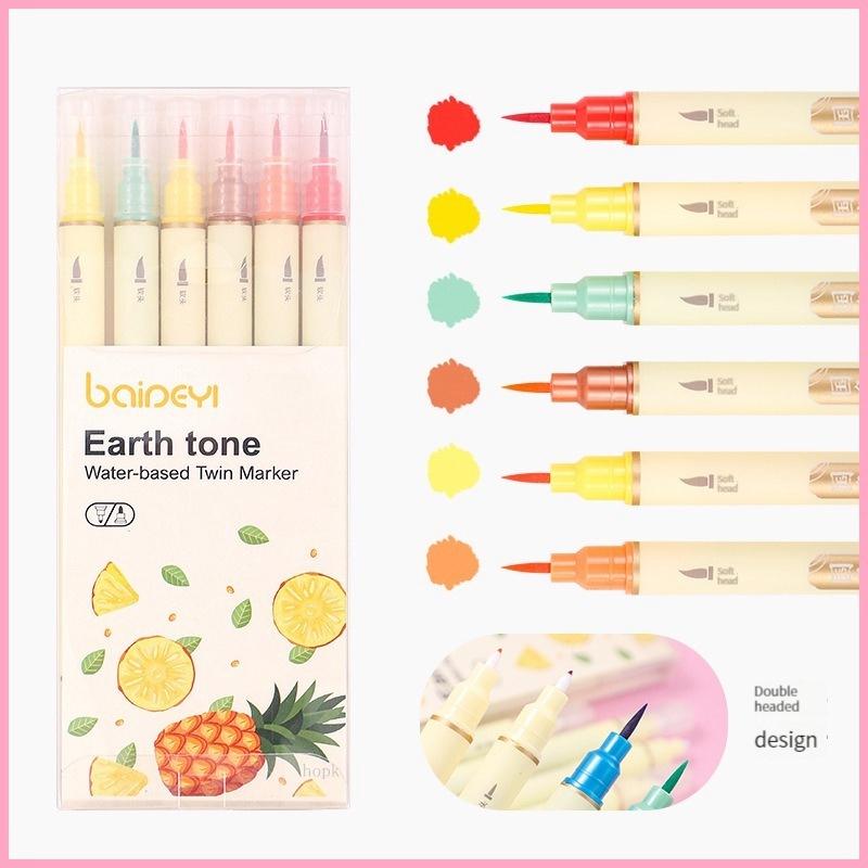 6pcs/set Classic Style Colors Double Tip Marker Pens Line Drawing Watercolor Pen for Calligraphy Student Art Painting School Stationary