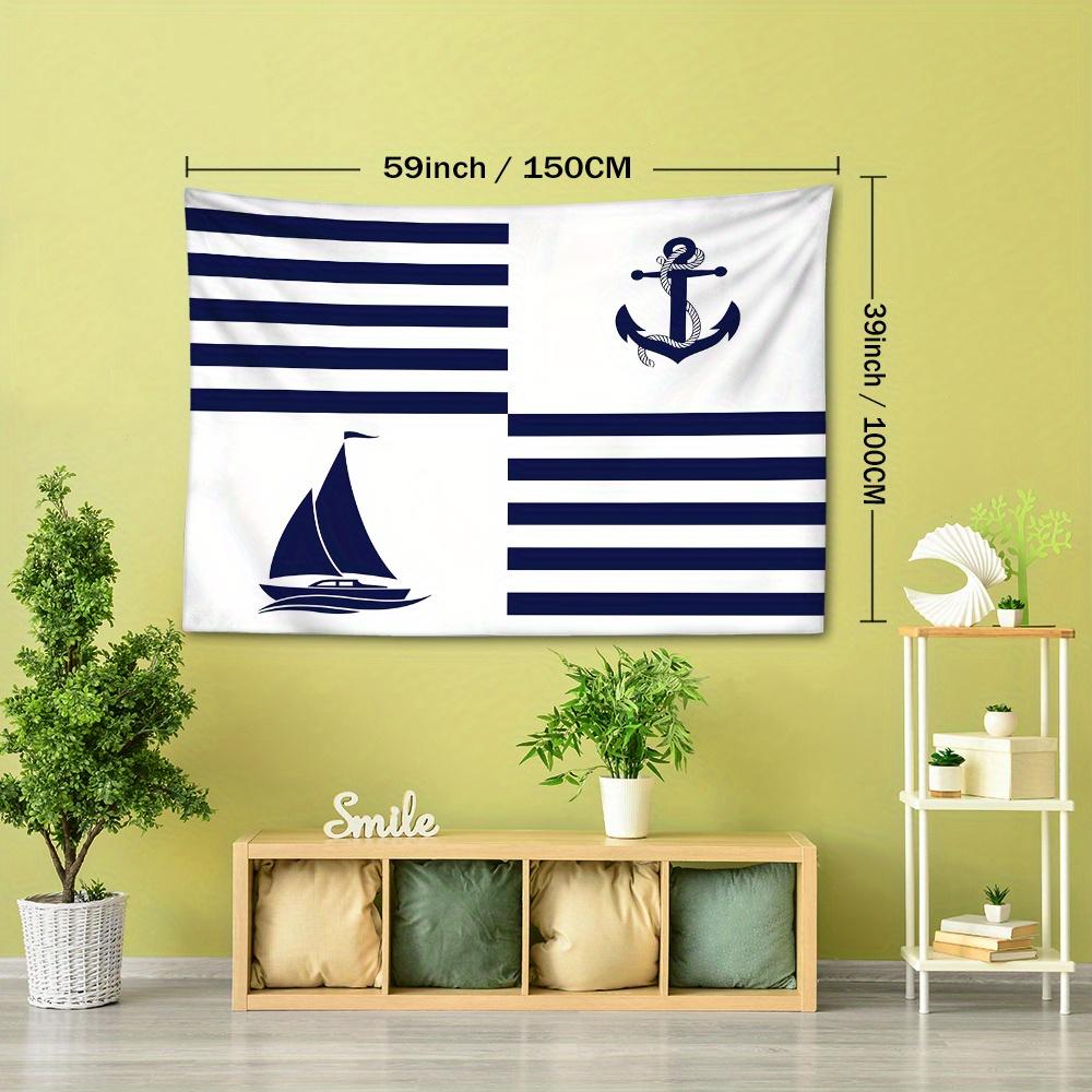 1 Stück Nautische Anker und Segelboot Wandteppich - Blau und Weiß gestreiftes Maritimes Thema Wandbehang, Polyester Gewebt, Tier Grafik Dekor für Bett