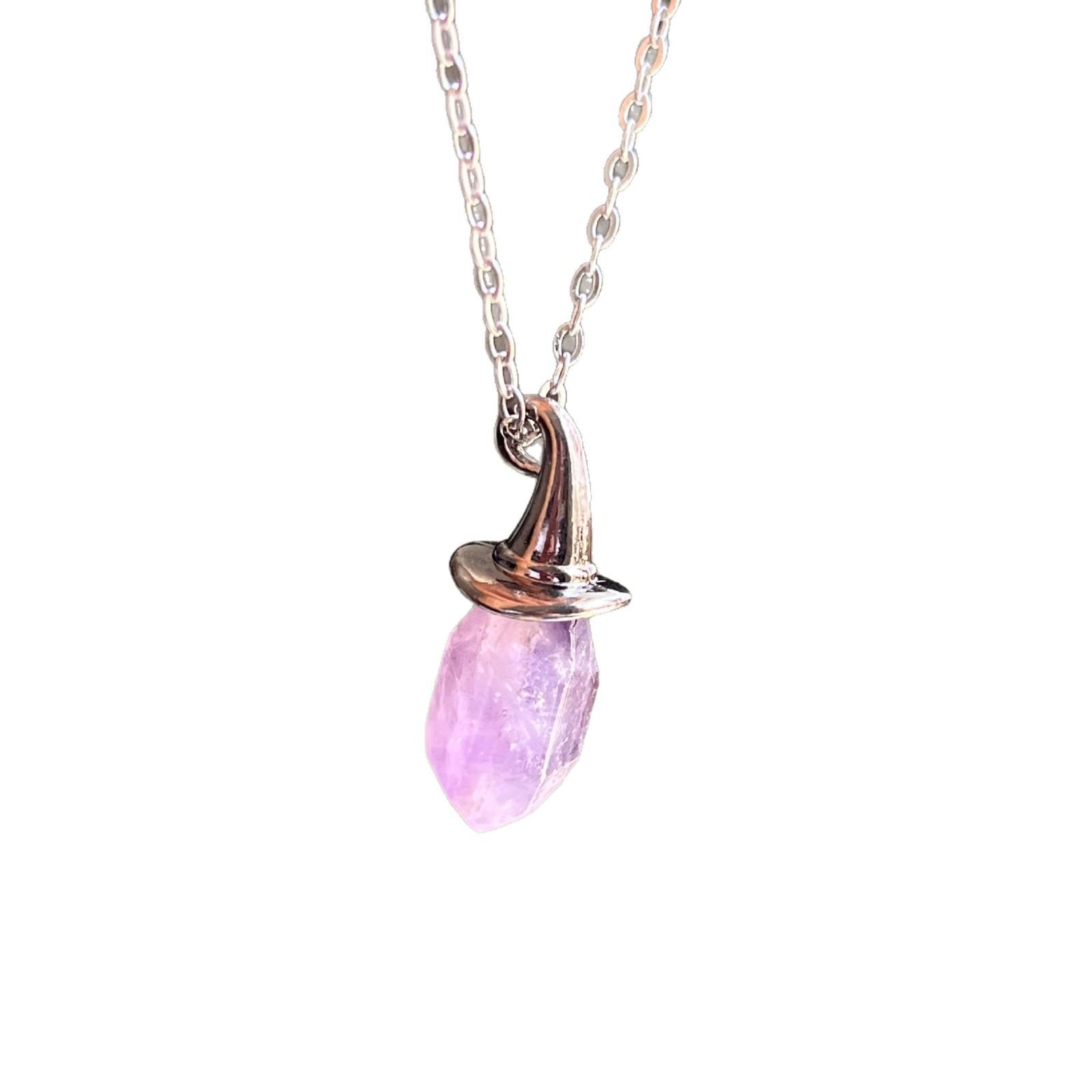 

2026 New Natural Amethyst Hexagonal Pendant Necklace Witch Hat Halloween Flying Witch Collarbone Necklace for Women