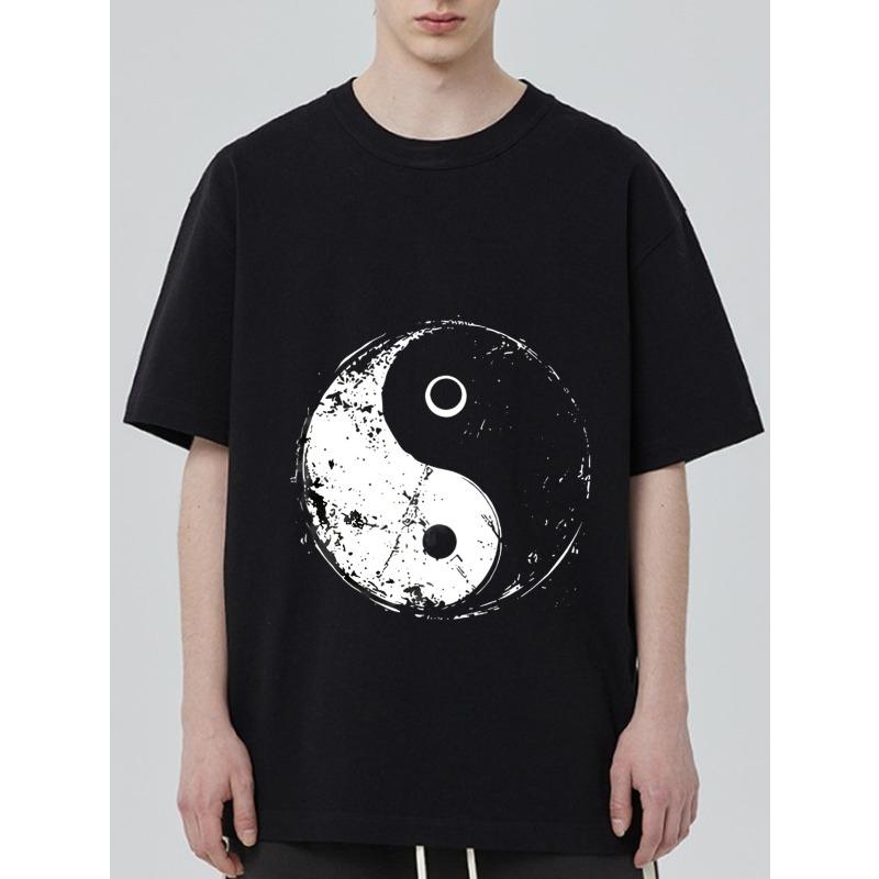 

Black Oversized T-Shirt Yin Yang Print Graphic Tee for Casual Wear and Street Style S