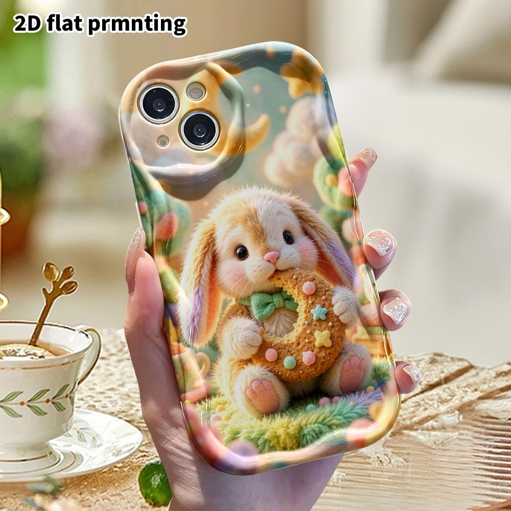 Phone Case: 2D Flat Design Suitable for iPhone 18 17 16 15 14 13 Pro Protective Case, Lop-eared Rabbit Nibbling the Moon, Perfect Holiday Gift for Chr