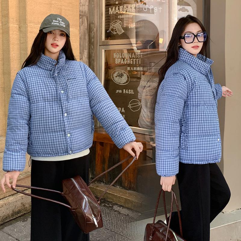 Blue plaid stand-up collar warm short down cotton-padded jacket for women's 2025 winter loose and thickened plaid cotton-padded jacket