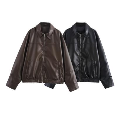 Women's Solid Color Long Sleeved Faux Leather Pilot Jacket Jacket