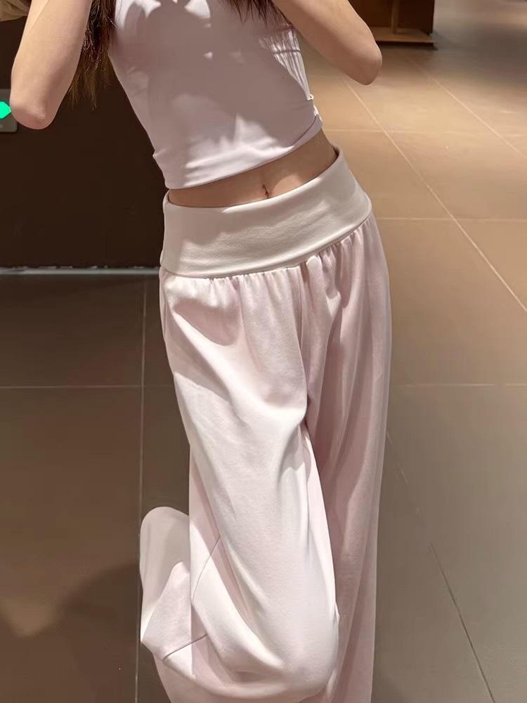 Pink fitness yoga pants women's summer folding waist drape casual loose wide-leg pants nude cloud sweatpants