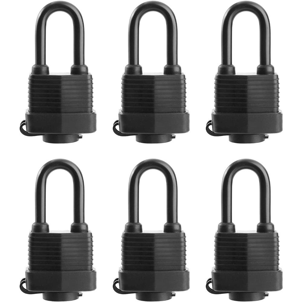 Waterproof padlocks with key design, suitable for outdoor use, heavy-duty laminated steel lock body, 1-9/16 inch wide, long padlocks, 6-pack.