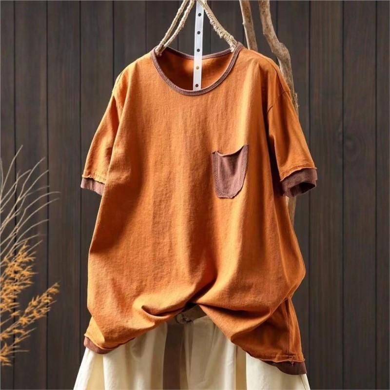 Johnature Women Vintage T-Shirts O-Neck Short Sleeve Soft Summer Patchwork Pockets Casual T-shirts Female