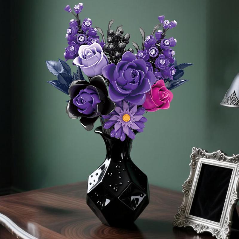 Model Purple Rose Flower Building Set for Adults Dark Elegant Bouquet Display Romantic Desk Decor Floral Art Collectible Gift