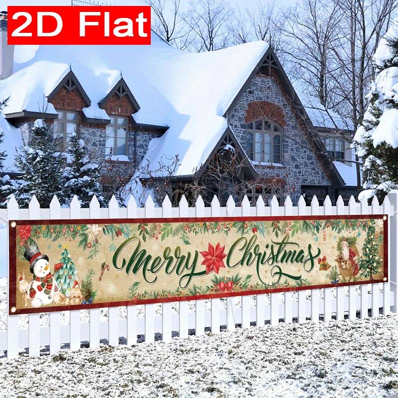 Merry Christmas Fence Banner, Santa Claus Snowman Reindeer Theme, Polyester Outdoor Lawn Wall Party Decoration