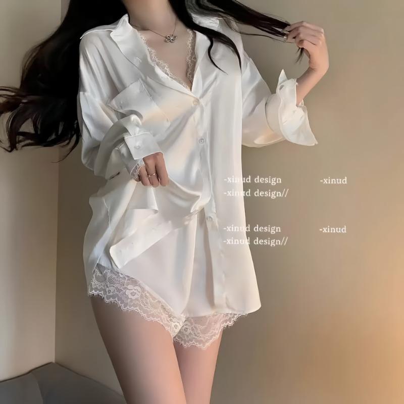 Sex underwear boyfriend style shirt ice silk sexy large size pure lace satin loungewear
