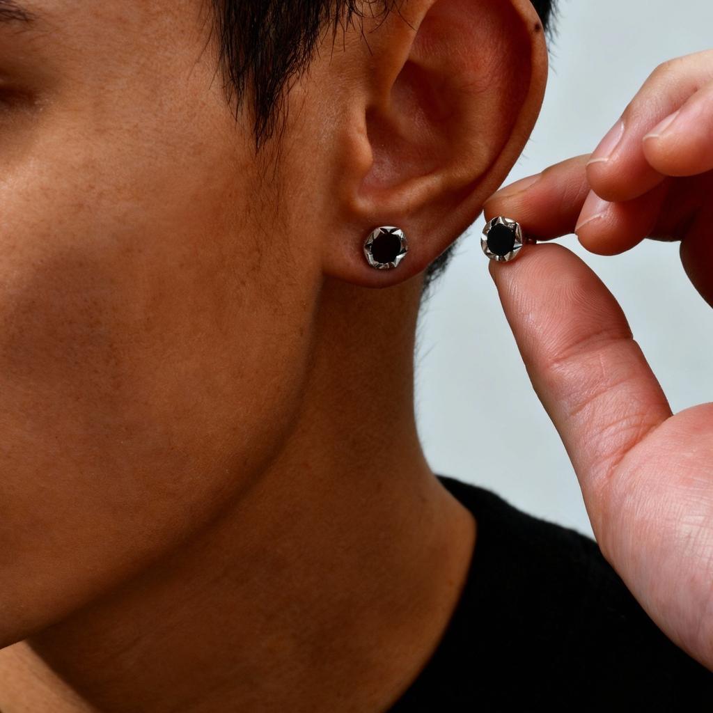 Stylish Geometric Round Stud Earrings for Men Boys, Black Agate Tiger Eye Natural Stone Earrings, Fashion Daily Jewelry Gift
