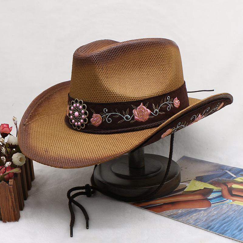 Western Cowboy Hat Women'S Embroidery Shade Straw Hat Ethnic Style Outdoor Jazz Hat