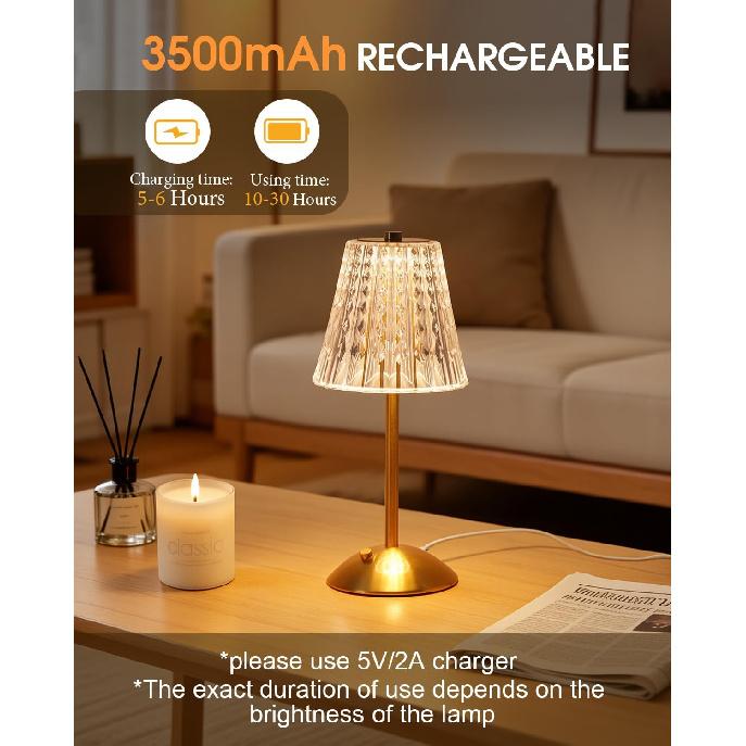 Kabellose Touch-Tischlampe, Klassische Edition Wiederaufladbare Kleine Schreibtischlampe | 3 Farben Dimmbar Goldene Kristalllampe für Schlafzimmer, Restaurant, Küche & Zuhause