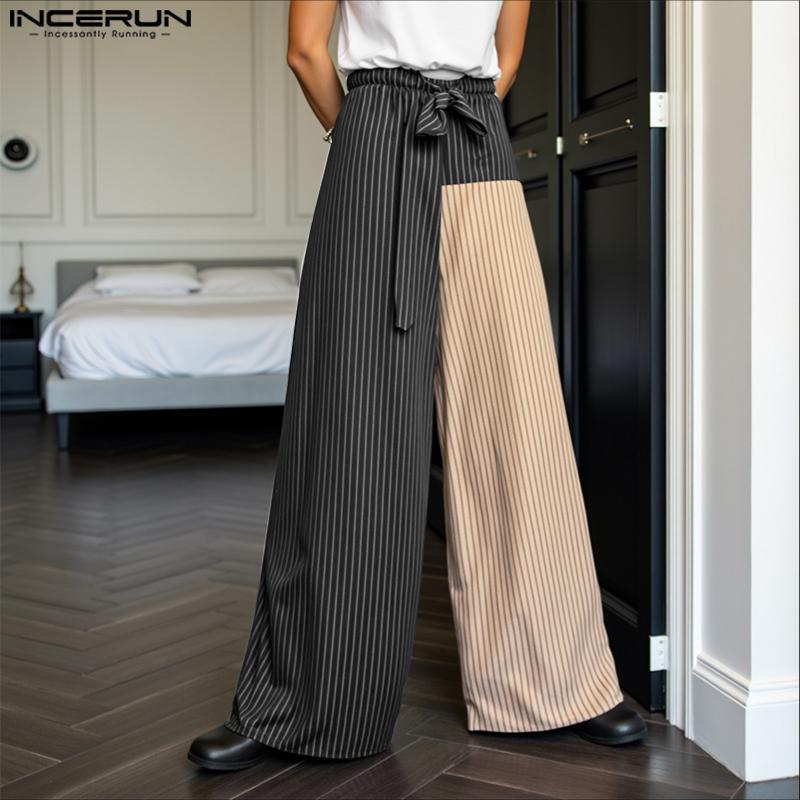 

INCERUN Men Elastic Waist Bow Knot Striped Stitching Casual Long Wide Legs Pants 5XL темно-синього кольору
