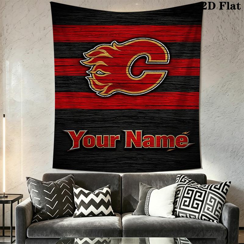 Name Custom Calgary Flames Logo Wall Tapestry Aesthetic Wall Hanging Printed Fabric Blanket Decorative Tapestries for Bedroom Living Room Home Decor