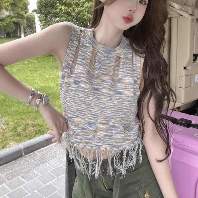 Hollowed-out Sleeveless Vest for Women Thin Style In Summer Unique Design Sense Chic Suitable for Wearing Outside Sexy Su Knitted Top