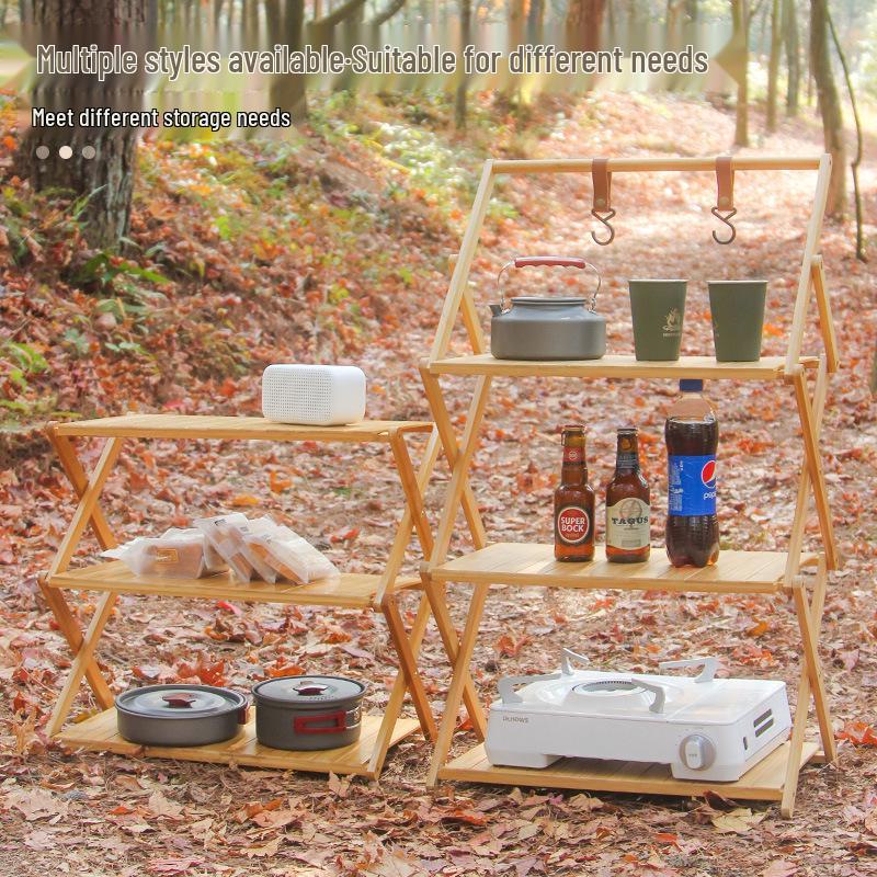 Multi-Layer Bamboo & Wood Folding Storage Rack for Outdoor Camping & Picnics