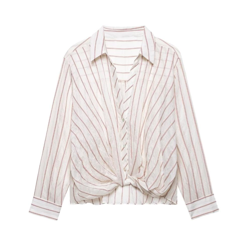 

2025 Spring/Summer Women s Striped Tie-Detail Casual Shirt L грязно-белый