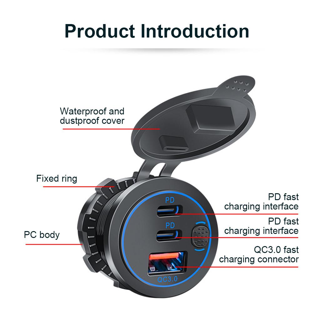 12V-24V Car Charger Socket 75W PD Type C QC 3.0 Fast Charge Adapter 3 Ports USB Outlet Waterproof Car Charger for Car RV Marine