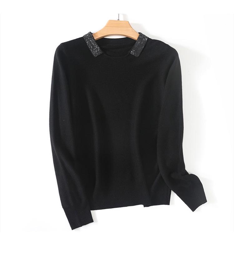 Small Lapel Fine Wool Knitted Pullover Sweater for Women - 2025 Autumn/Winter Collection, Solid Color, Loose Fit, Base Layer