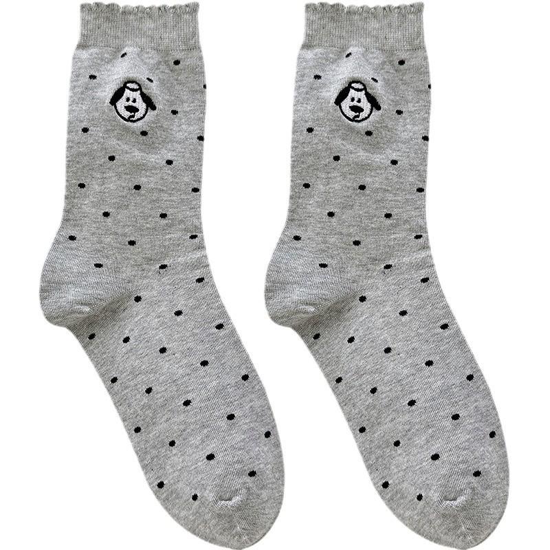 2024 Gray Women's Mid-Calf Cotton Socks - Polka Dot, Airplane, Dog Cartoon Design, Breathable & Sweat-Absorbent