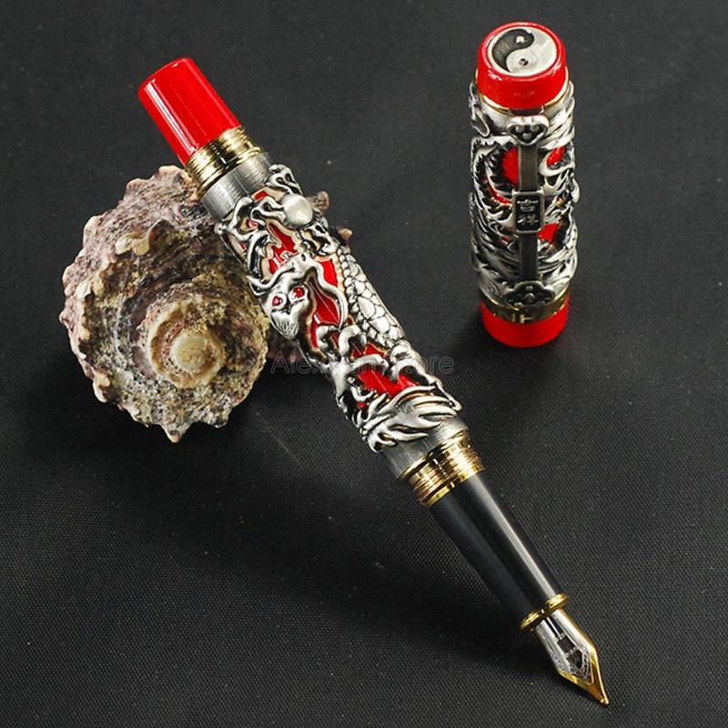 

Jinhao Luxury Dragon Phoenix Fountain Pen, Metal Carving Embossing Heavy Pen, Golden & Red For Business Fountain Pen