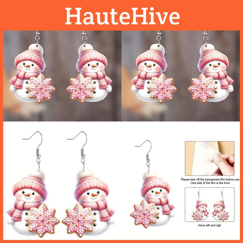 Christmas Theme Cute Cartoon Pink Hat Scarf Snowman Pattern Women Earrings For Holiday Party Accessory