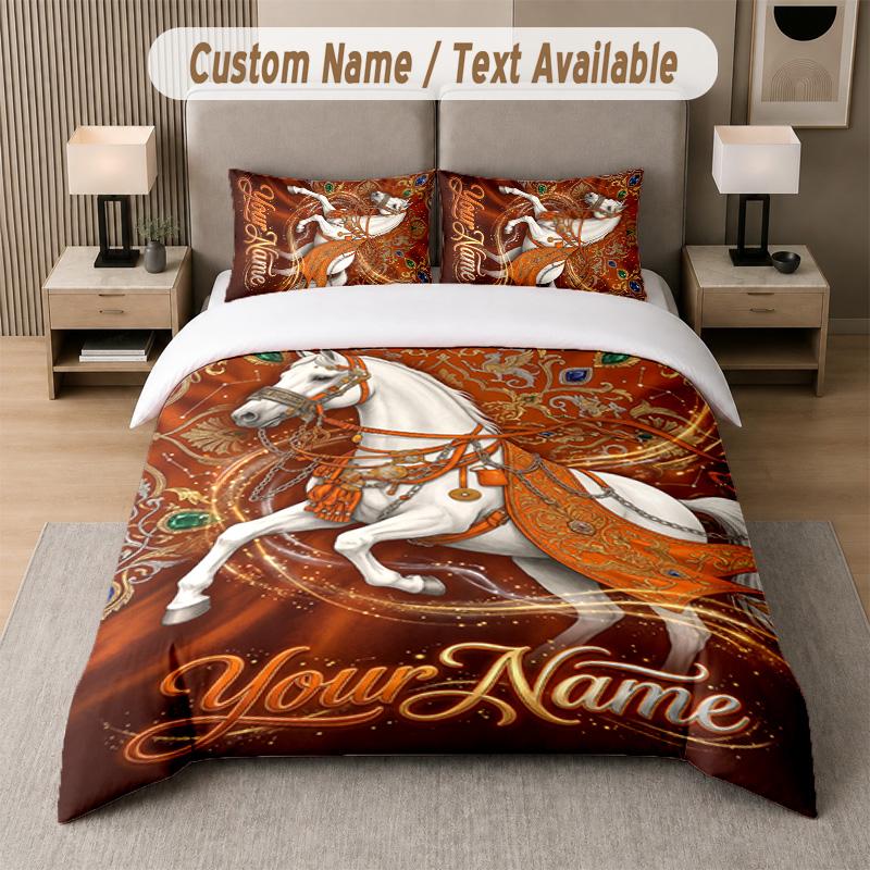 Horse Theme Custom Text Or Name 3Pcs Bedding Set 1 Flat Sheet & 2 Pillowcases Personalized Home Bedding