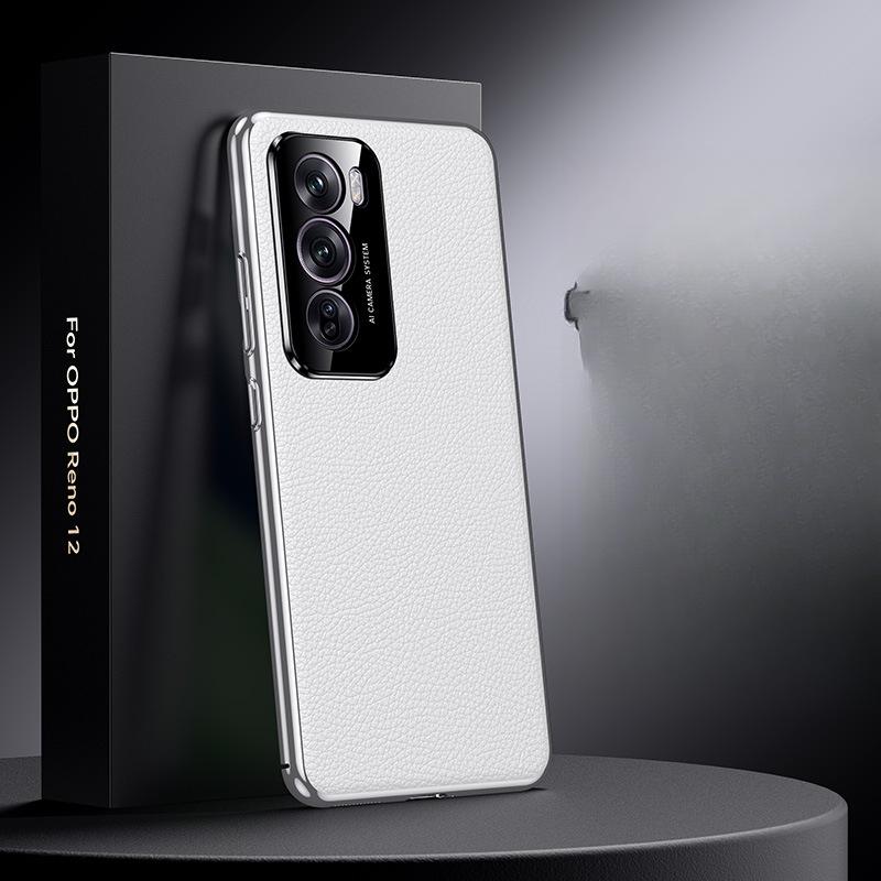 

Подходит для чехла для мобильного телефона Opporeno12 Полностью закрывающий Гальванизированный Reno12pro Деловой Мужской Противоударный Чехол из Пористой Кожи OPPO Reno12