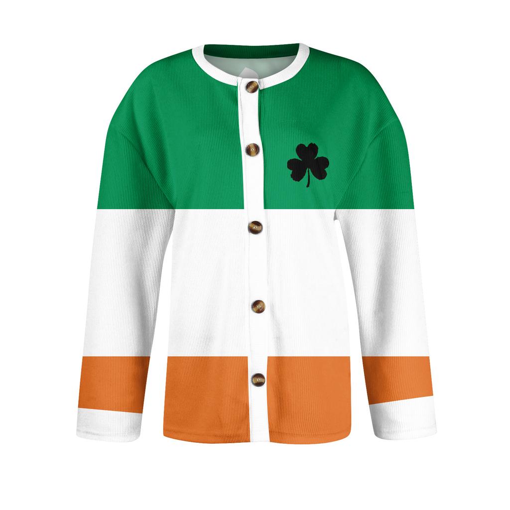Women's Fashion St. Patrick Print Long Sleeve Knit Cardigan Button Jacket