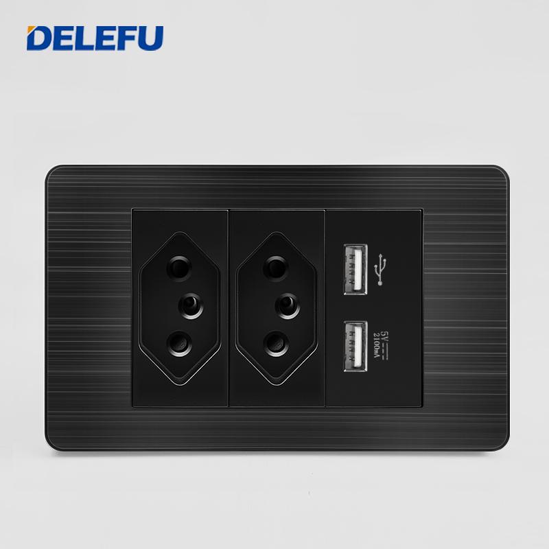 DELEFU Brazilian Model 118 Type 10A/20A Stainless Steel Black Durable PC USB Socket with Type-C 20W Fast Charging