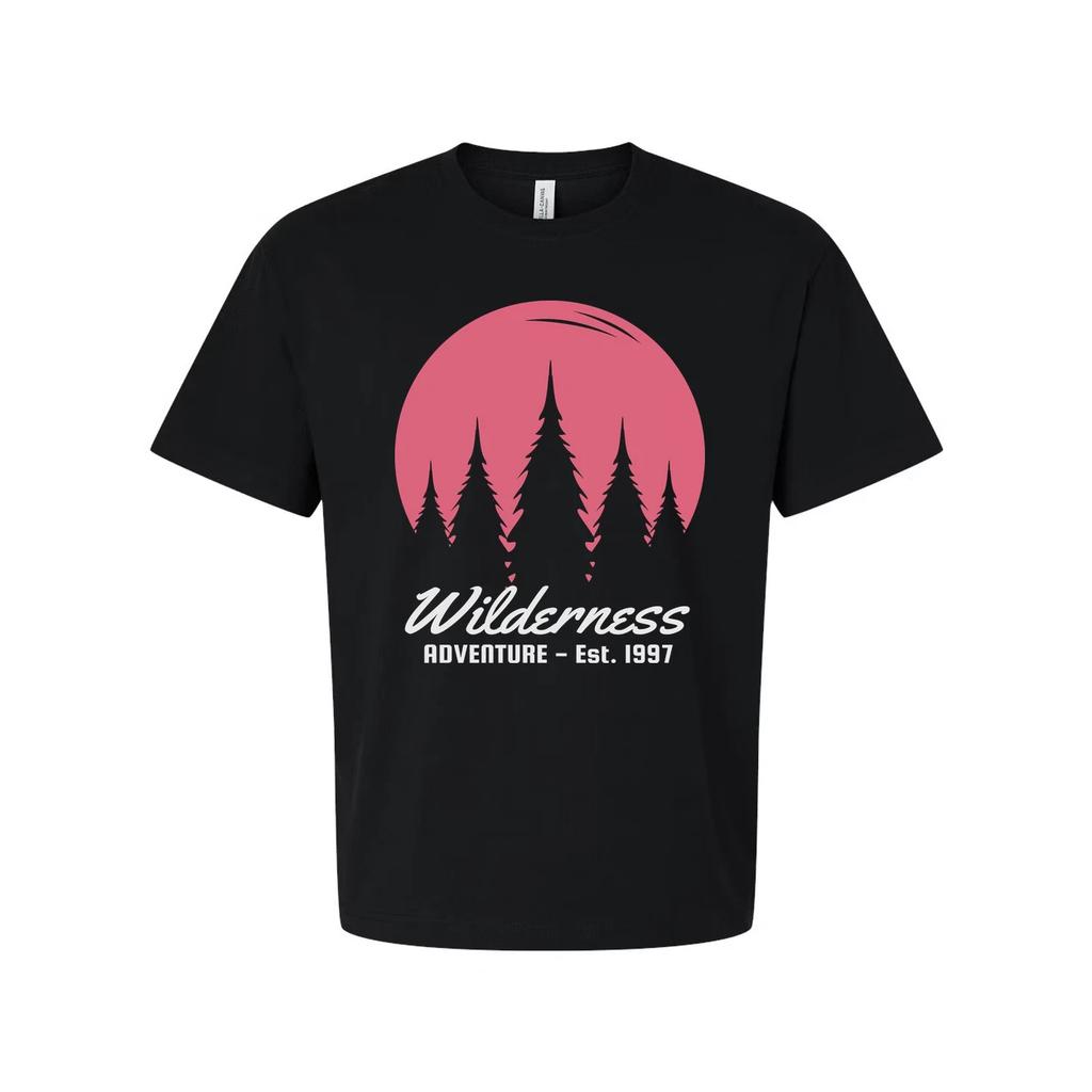 Wilderness Adventure Graphic Tee With Pink Sunset Pine Tree Silhouettes For Outd