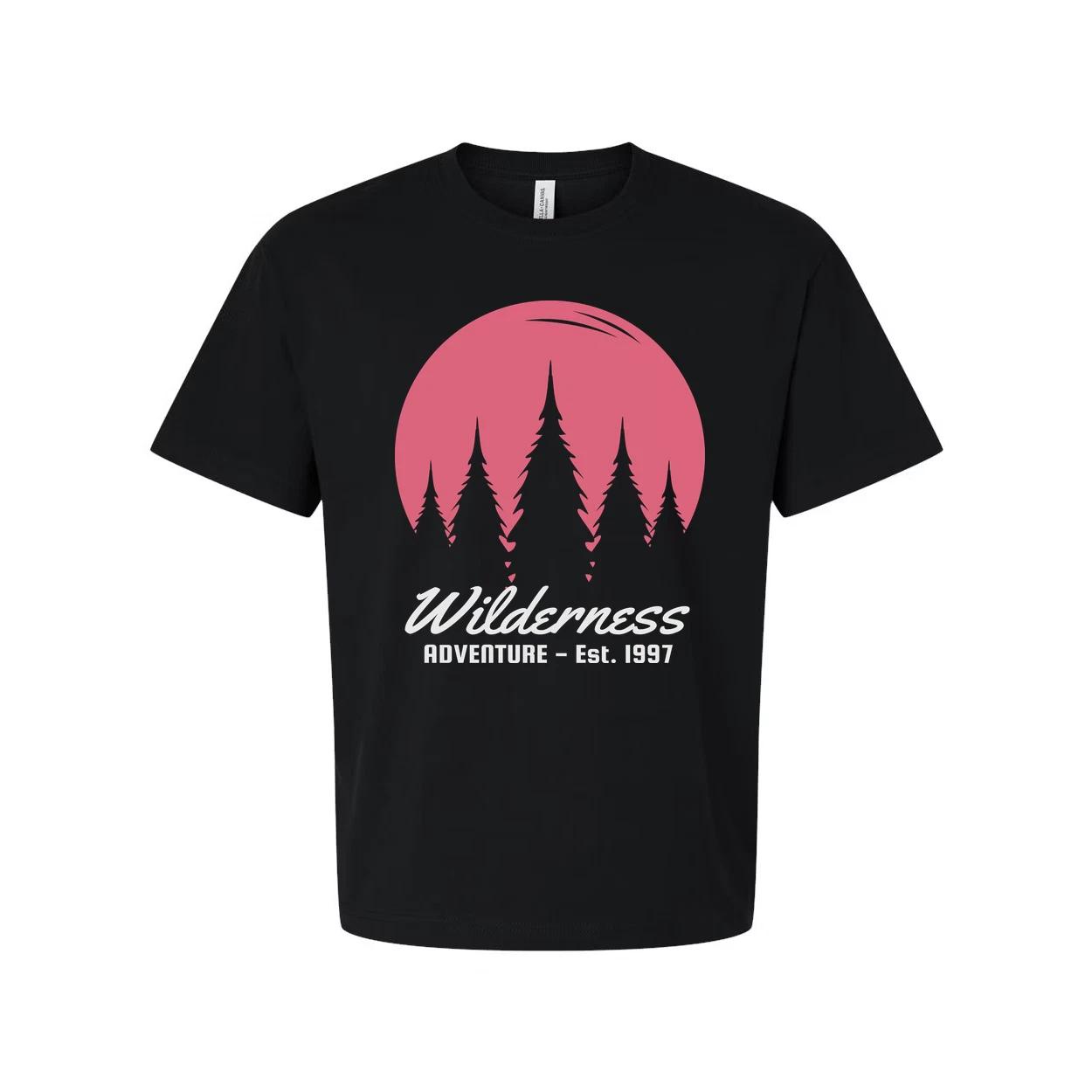 Wilderness Adventure Graphic Tee With Pink Sunset Pine Tree Silhouettes For Outd M