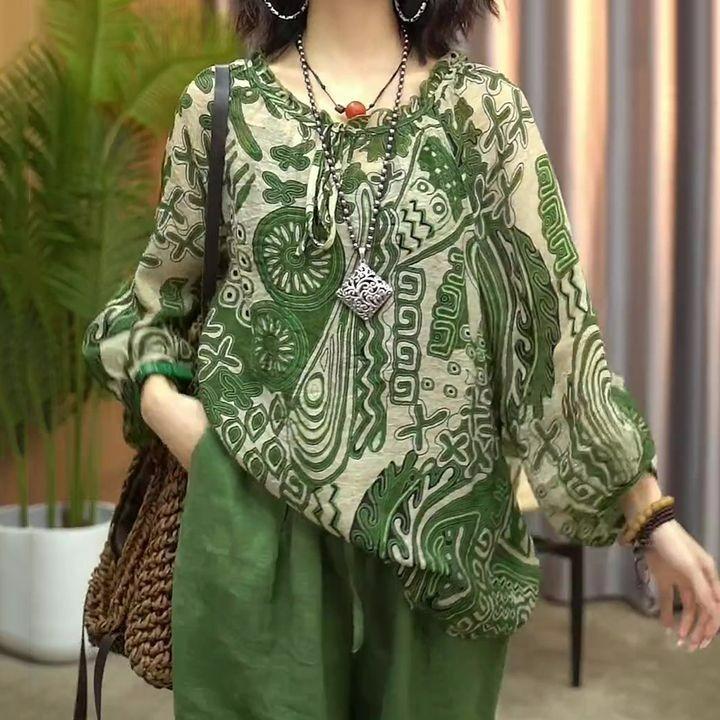 

Chiffon Shirt Printed Large Size Spring and Summer Women s T-shirt Loose Mother Pullover Sunscreen Top 4XL зелений