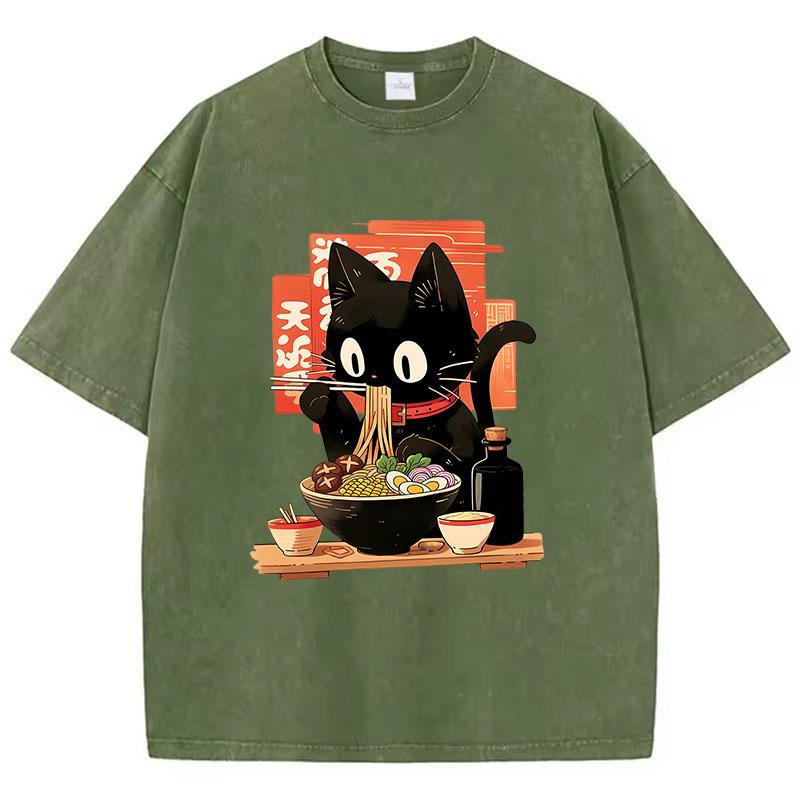 Streetwear T-Shirt Vintage Gewaschenes Baumwoll-T-Shirt Schwarz Ramen Katze Japanischer Anime-Stil Grafik-T-Shirt Lässig Frühling Sommer