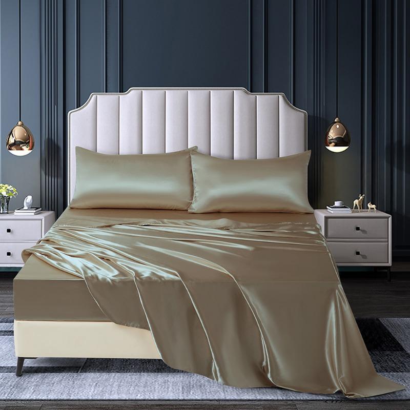 Summer Satin Silk-like Bed Sheet Set (Flat Sheet + Fitted Sheet + Pillowcase) Solid Color Mattress Cover Twin Full Queen Size