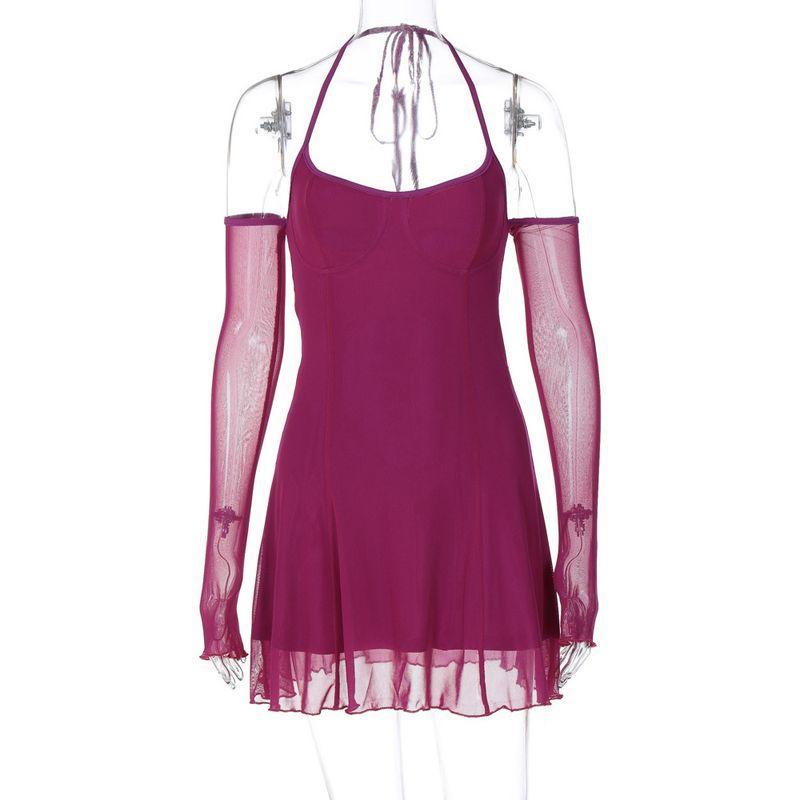 

Mesh Sleeve Sleeveless Dress Backless Dress Rose Red L