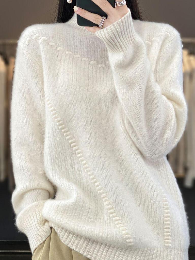 2023 Women's Korean Style Wave Knit Sweater: Thick, Solid Color Pullover with Half-High Neck