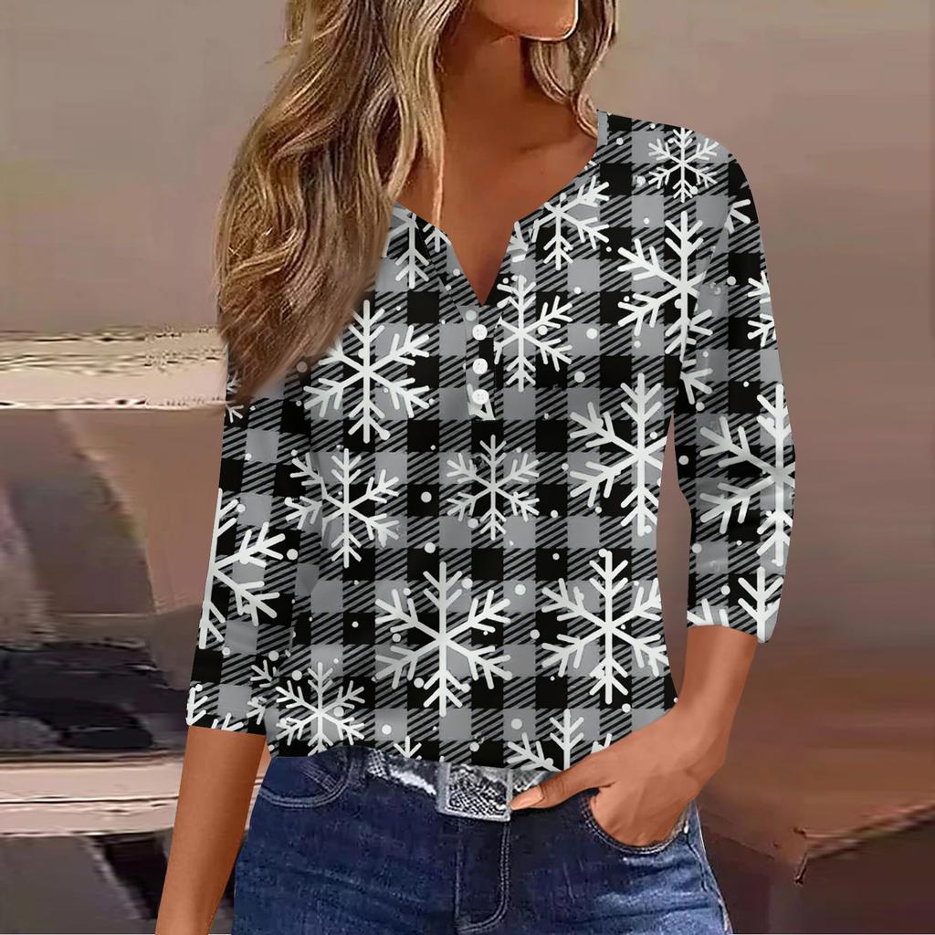 Women's Casual Fashion V-neck Loose Versatile Christmas Print Three-quarter Sleeve Top