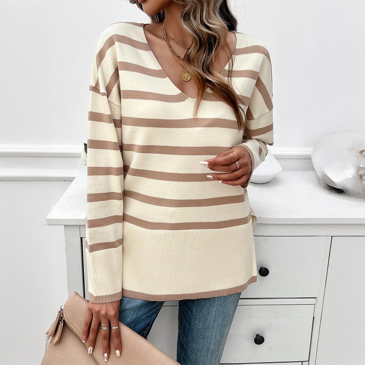 

Women s Clothing Spring and Summer Casual Vacation Style Contrasting Color Stripe Long-sleeved Sweater XL бежевый