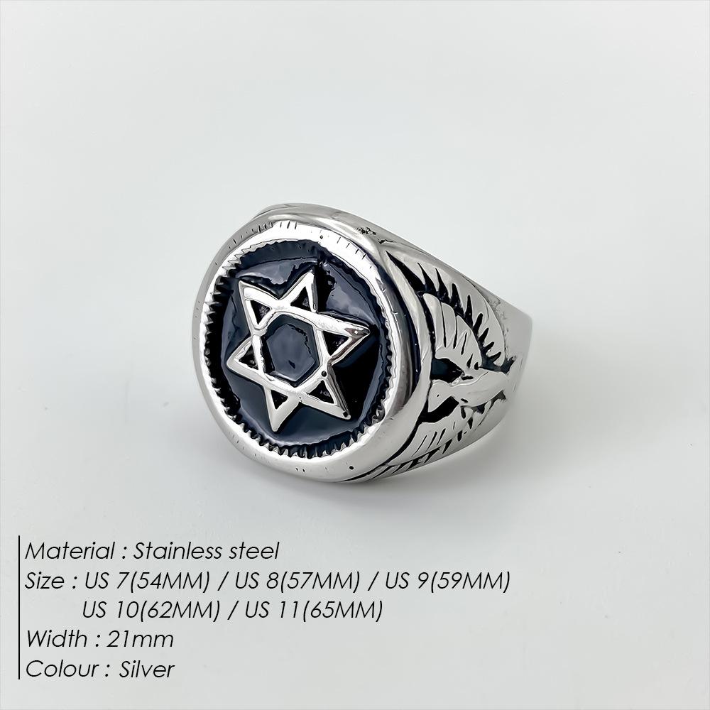 

Vintage Star of David Ring for Men Stainless Steel Jewish Eagle Signet Ring Punk Black Enamel Biker Religious Zircon Gift 7&Steel color