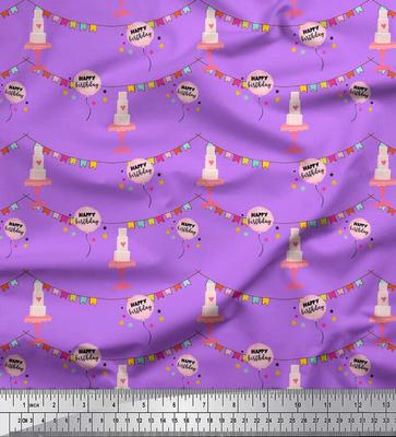 Purple Japan Crepe Satin Fabric Birthday Theme Party Printed Craft Fabric by the Metre 42 Inch