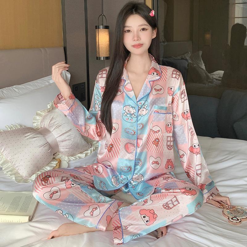 French Cute Cat Ice Silk Pajamas Women'S Spring And Autumn Sweet Wind Cool Long-Sleeved Loungewear Suit Can Be Worn Outside